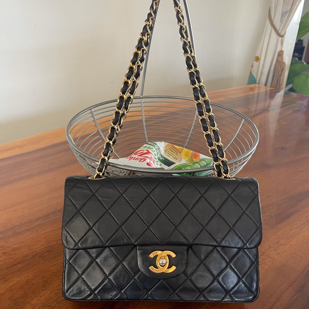CHANEL Double Flap Black Color Lamskin Vintage 24k Gold hardware Small Used